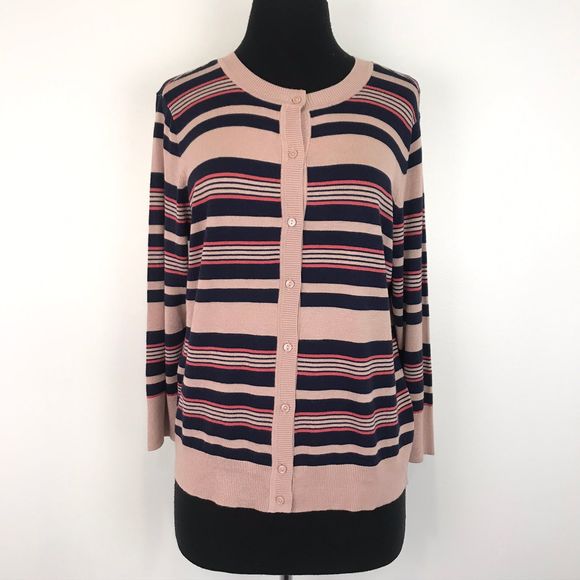 NWT Halogen Striped Crew Neck Cardigan Sweater LP - Picture 3 of 8